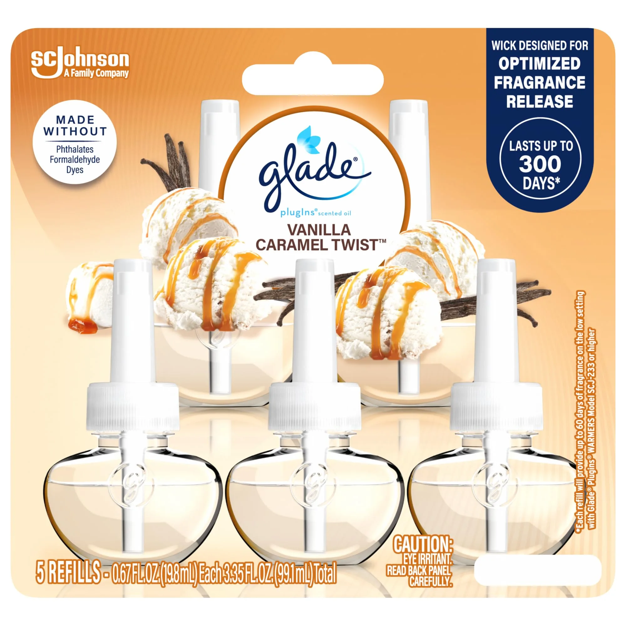 Glade Vanilla Caramel Twist PlugIns Refills Air Freshener, 3.35 Fl Oz (5 Count) | Scented with Essential Oils for Home - main product image