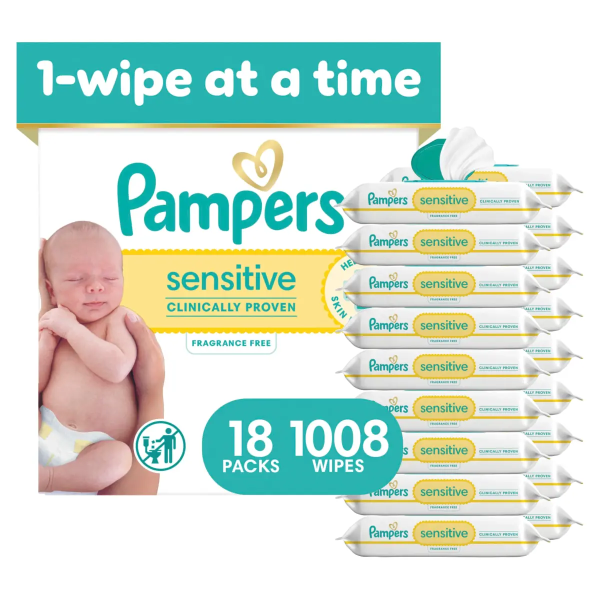 Pampers Sensitive Baby Wipes, 1008 Count (18 Flip-Top Packs) | Clinically Proven for Sensitive Skin - main product image