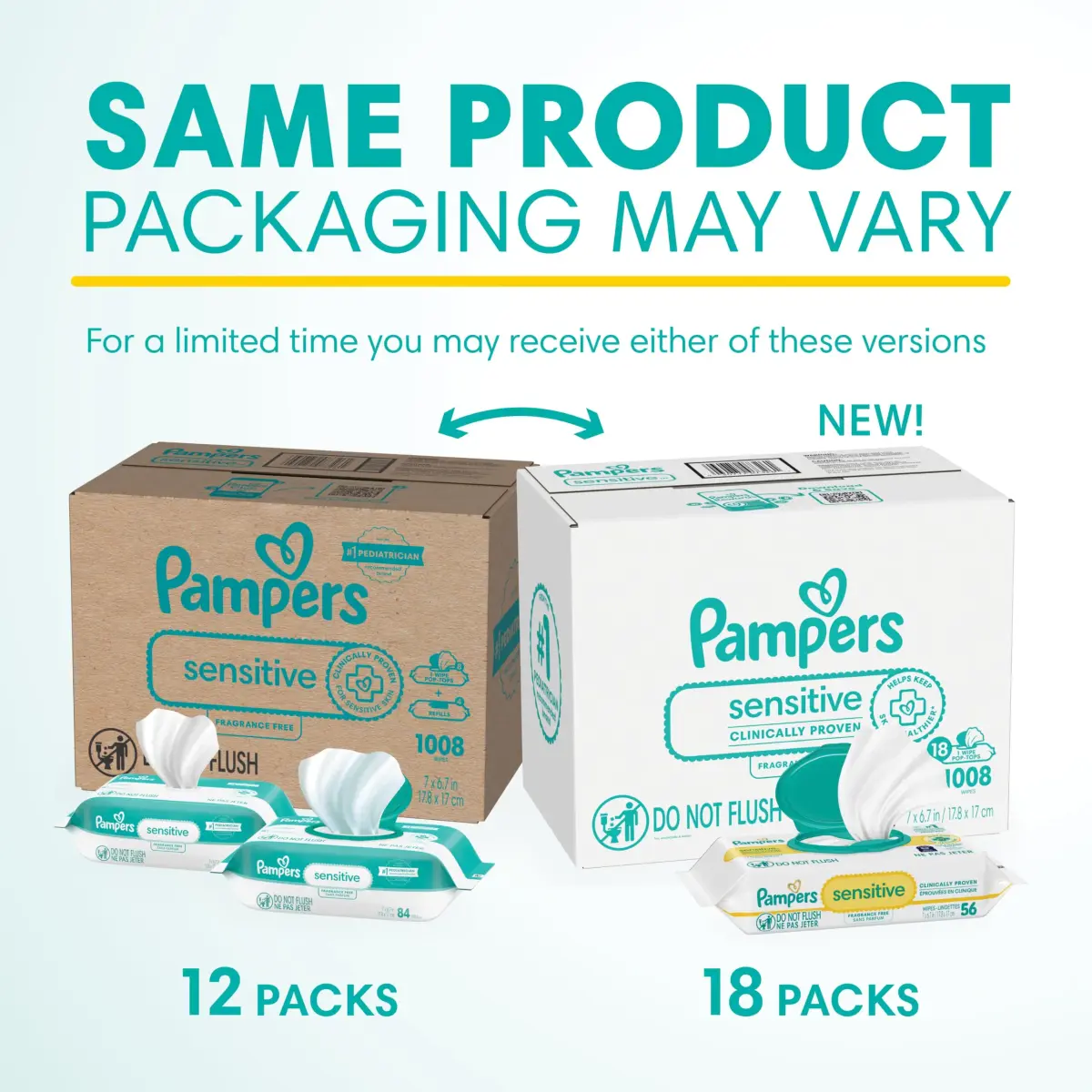 Pampers Sensitive Baby Wipes, 1008 Count (18 Flip-Top Packs) | Clinically Proven for Sensitive Skin - view 2