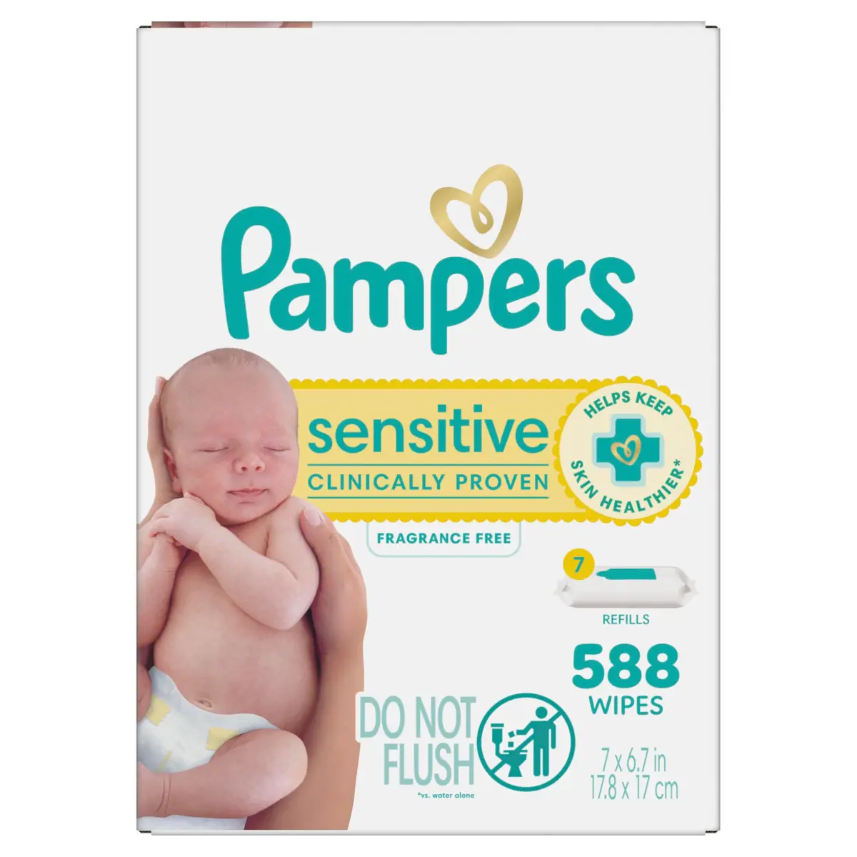 Pampers Sensitive Baby Wipes, Water Based, Fragrance Free, Hypoallergenic, 588 Count (7x Refill Packs) | Clinically Proven for Sensitive Skin - main product image