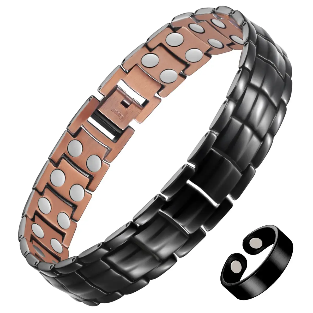 Feraco Men's Copper Magnetic Bracelet and Ring Set Black | 99.99% Pure Copper with Double-Row Magnets - main product image