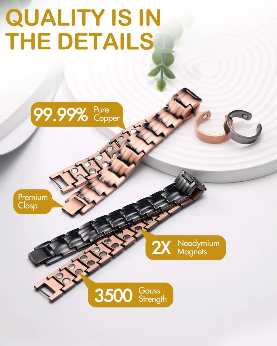 Feraco Men's Copper Magnetic Bracelet and Ring Set Black | 99.99% Pure Copper with Double-Row Magnets - view 4