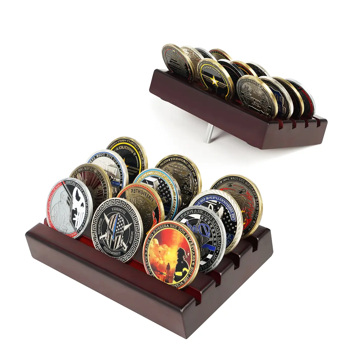 DecoWoodo Challenge Coin Holder Display Case 4 Row Mahogany | Solid Wood Military Coin Stand Holds 12 Coins - main product image