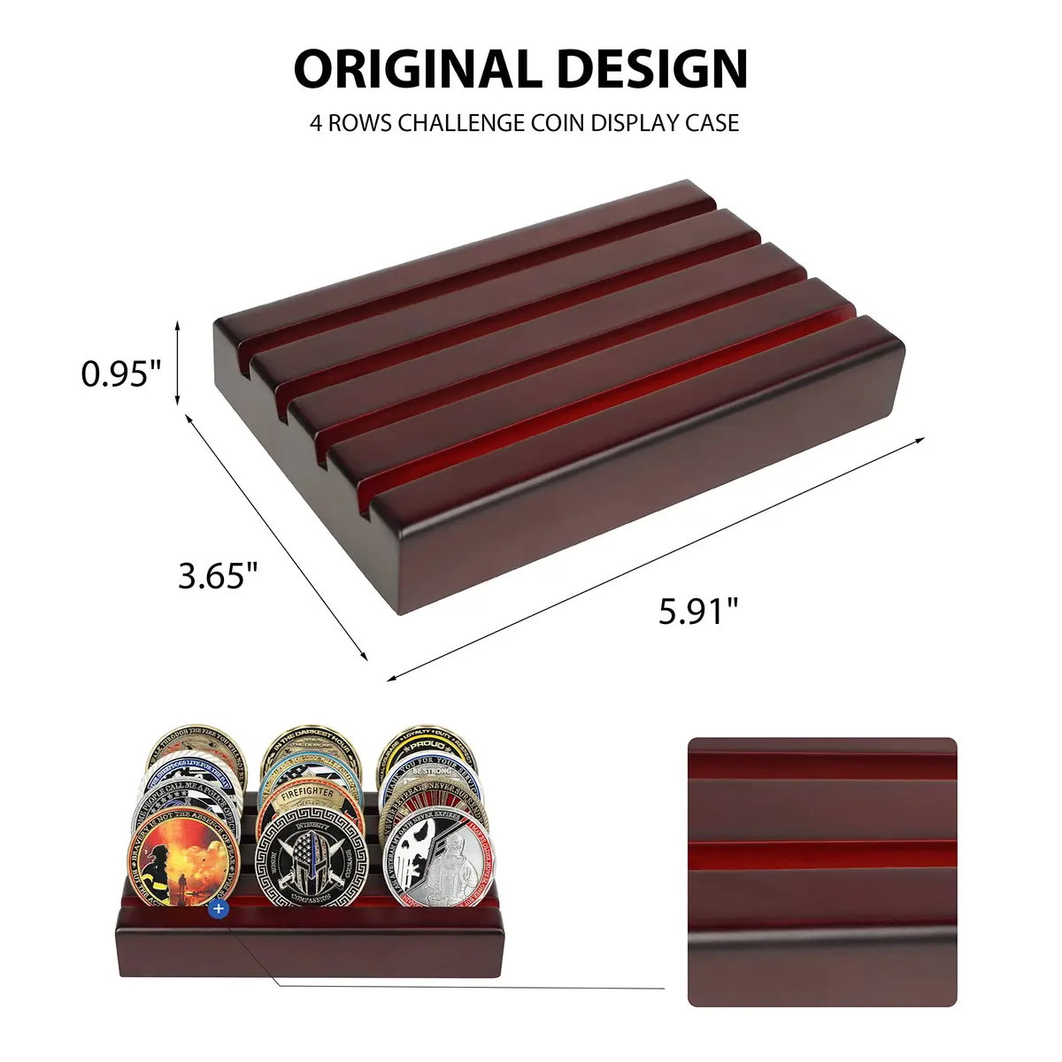 DecoWoodo Challenge Coin Holder Display Case 4 Row Mahogany | Solid Wood Military Coin Stand Holds 12 Coins - view 2