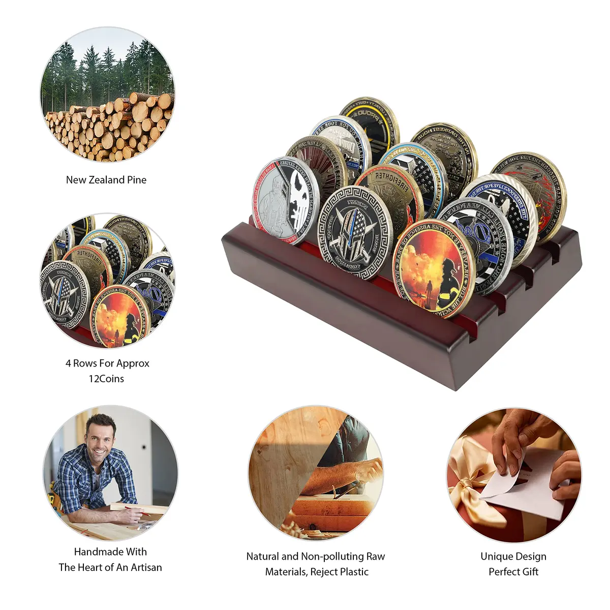 DecoWoodo Challenge Coin Holder Display Case 4 Row Mahogany | Solid Wood Military Coin Stand Holds 12 Coins - view 3