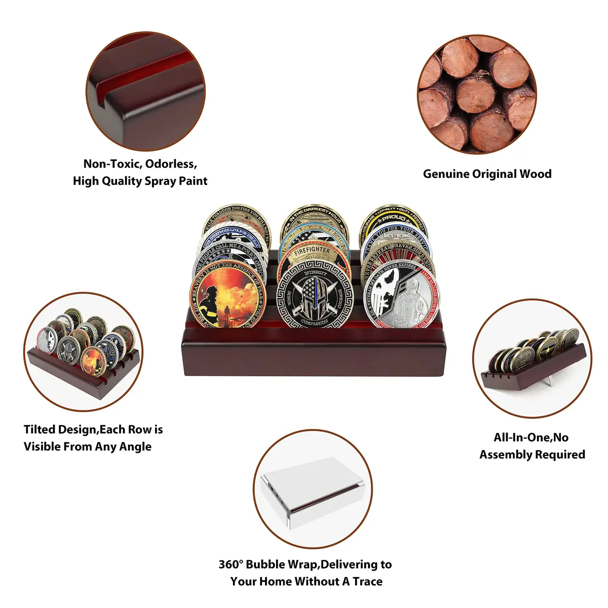 DecoWoodo Challenge Coin Holder Display Case 4 Row Mahogany | Solid Wood Military Coin Stand Holds 12 Coins - view 4
