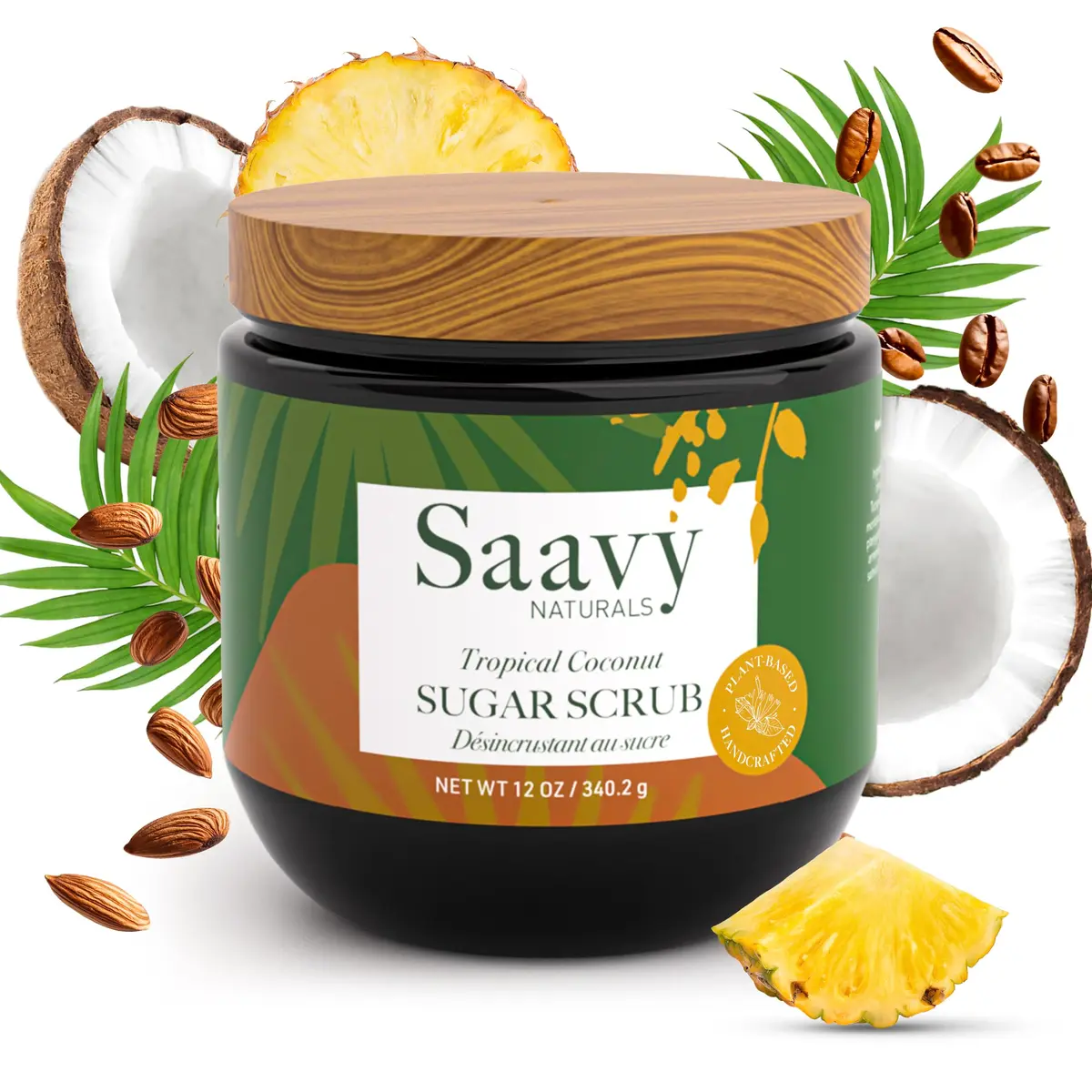Saavy Naturals Body Scrub - Scented Sugar Coconut Exfoliator, Vegan & Natural with Vitamin E, Gentle for Sensitive Skin, 12 oz | Tropical Coconut - main product image