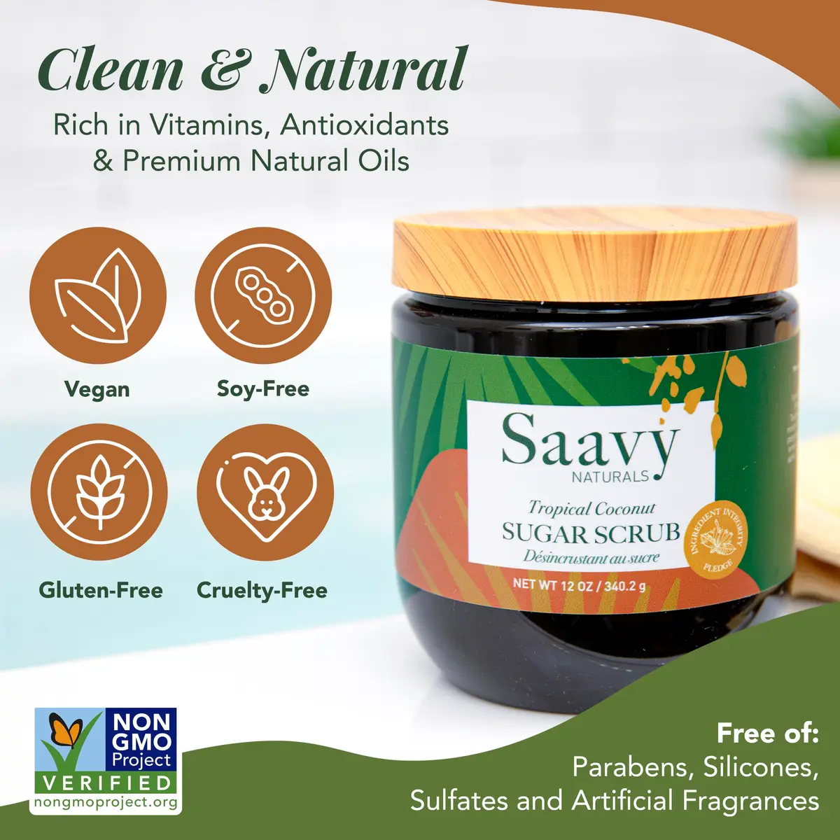 Saavy Naturals Body Scrub - Scented Sugar Coconut Exfoliator, Vegan & Natural with Vitamin E, Gentle for Sensitive Skin, 12 oz | Tropical Coconut - view 3