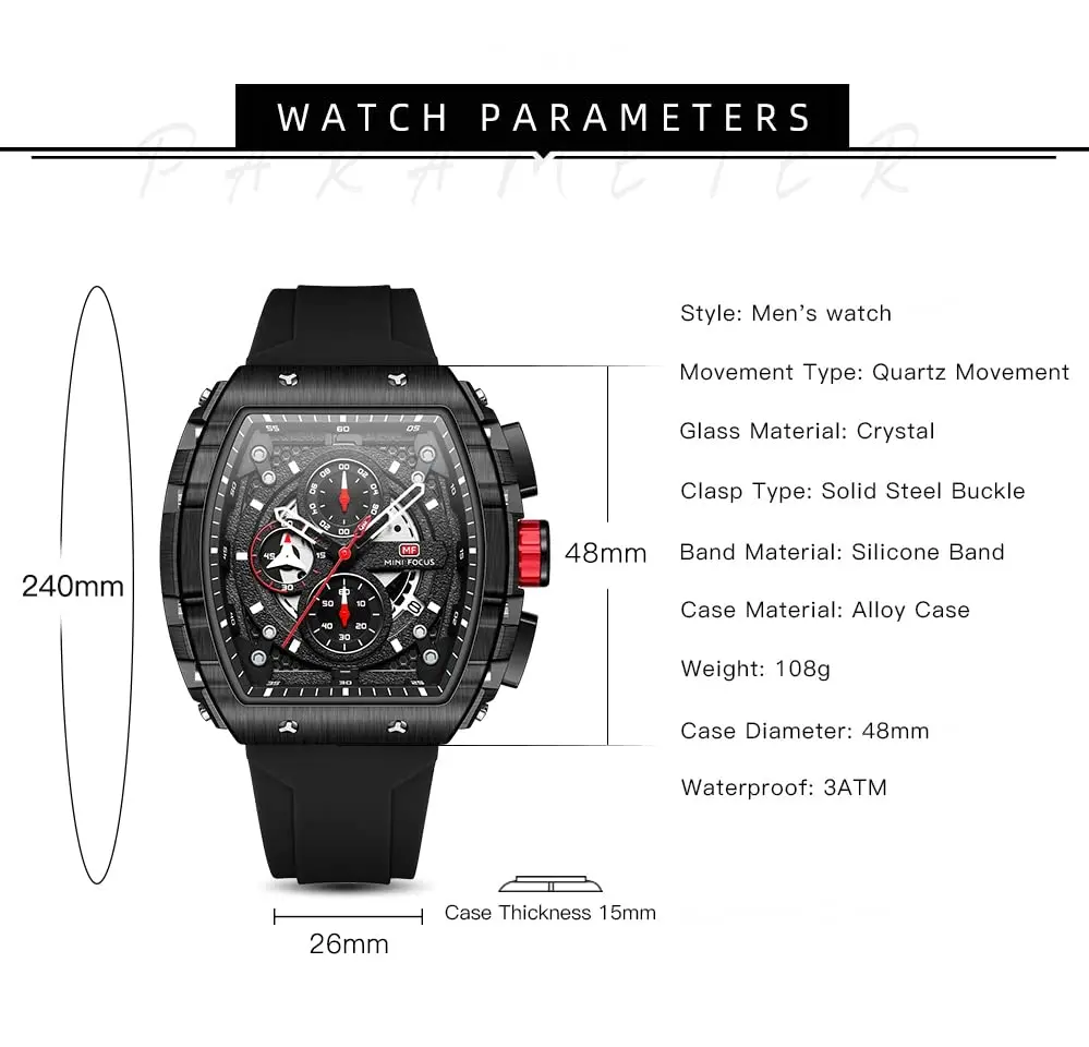 AIMES Men's Rectangle Skeleton Chronograph Watch 41.8mm Waterproof Black Silicon Strap - view 7