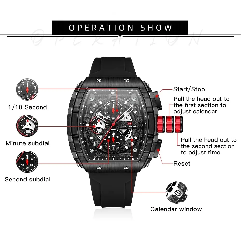 AIMES Men's Rectangle Skeleton Chronograph Watch 41.8mm Waterproof Black Silicon Strap - view 8