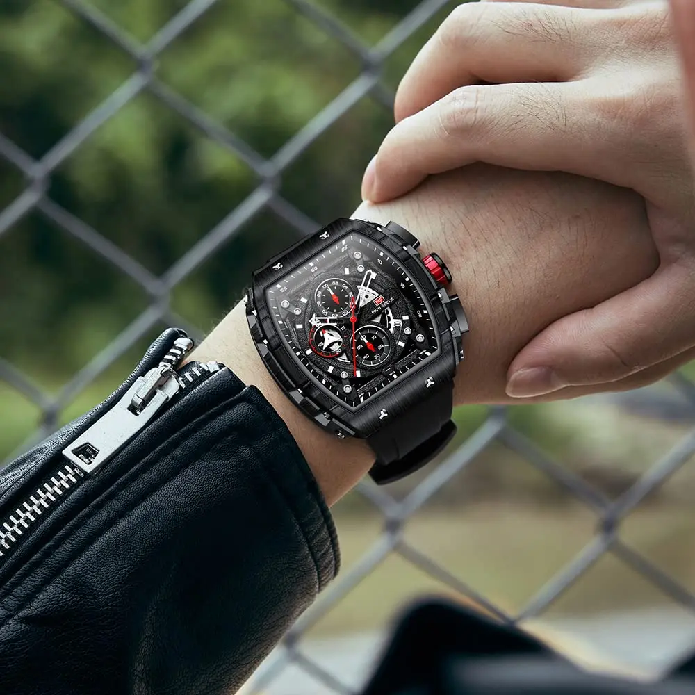AIMES Men's Rectangle Skeleton Chronograph Watch 41.8mm Waterproof Black Silicon Strap - view 2