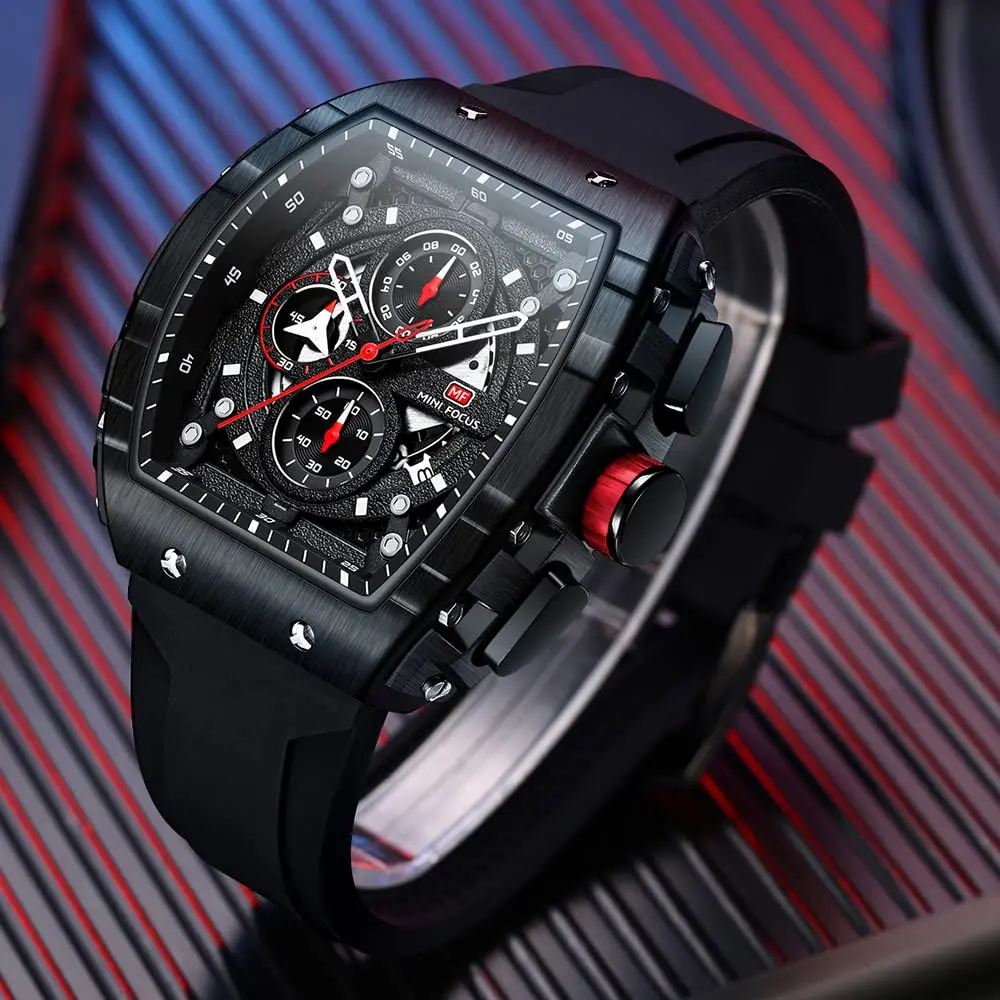 AIMES Men's Rectangle Skeleton Chronograph Watch 41.8mm Waterproof Black Silicon Strap - view 4
