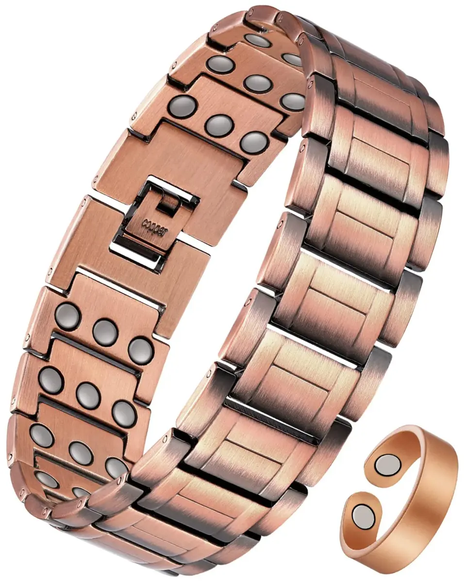 Feraco Men's Copper Magnetic Bracelet & Ring Set | 57 x 3500 Gauss Magnets, Adjustable, Gift Box - main product image