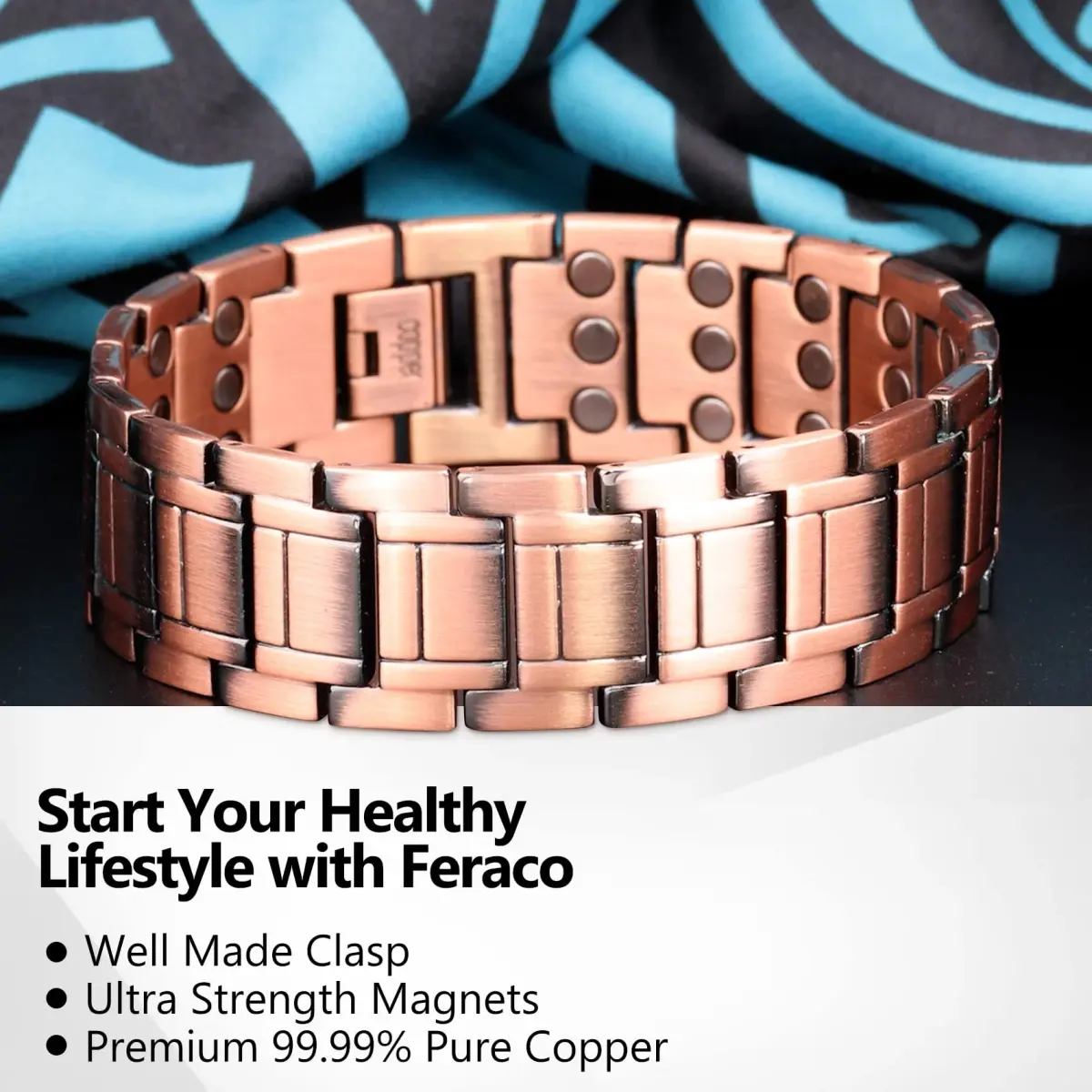 Feraco Men's Copper Magnetic Bracelet & Ring Set | 57 x 3500 Gauss Magnets, Adjustable, Gift Box - view 6