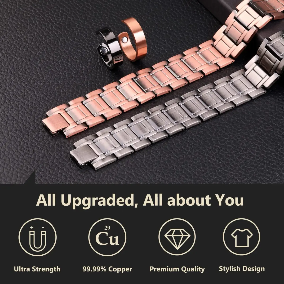 Feraco Men's Copper Magnetic Bracelet & Ring Set | 57 x 3500 Gauss Magnets, Adjustable, Gift Box - view 3