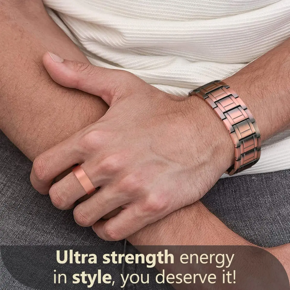 Feraco Men's Copper Magnetic Bracelet & Ring Set | 57 x 3500 Gauss Magnets, Adjustable, Gift Box - view 4
