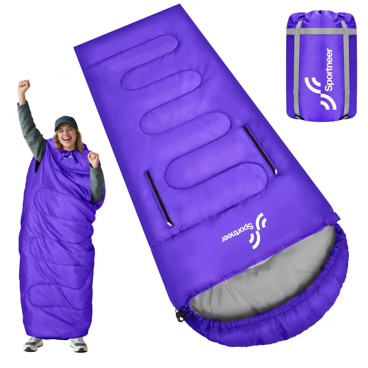 Sportneer Wearable Sleeping Bag for Adults & Kids – Walkable with Arm Zippers, 87'' Long, 32-65℉, Waterproof, Compact for Camping & Travel, Purple - main product image