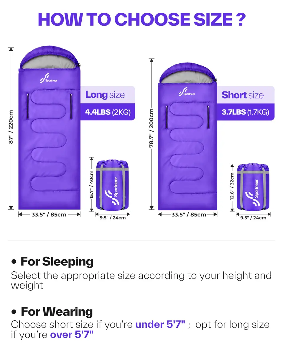 Sportneer Wearable Sleeping Bag for Adults & Kids – Walkable with Arm Zippers, 87'' Long, 32-65℉, Waterproof, Compact for Camping & Travel, Purple - view 6