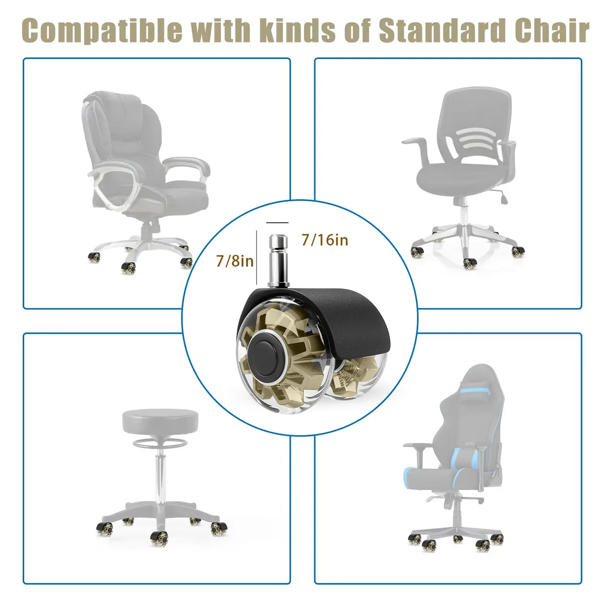 Omyoffice 2" Office Chair Wheels Set of 5 | Heavy Duty Gold Casters for Floors - view 2