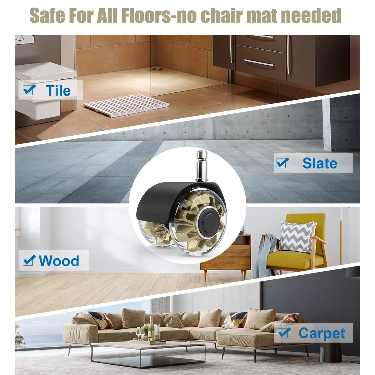 Omyoffice 2" Office Chair Wheels Set of 5 | Heavy Duty Gold Casters for Floors - view 4