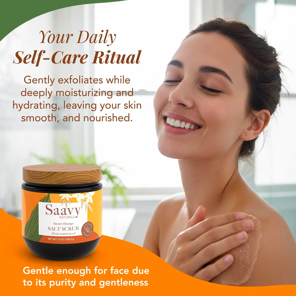 Saavy Naturals Body Scrub - Scented Salt Orange Extract | Vegan Exfoliating with Vitamin E, Gentle for Sensitive Skin, Made in USA, 12 oz - view 2