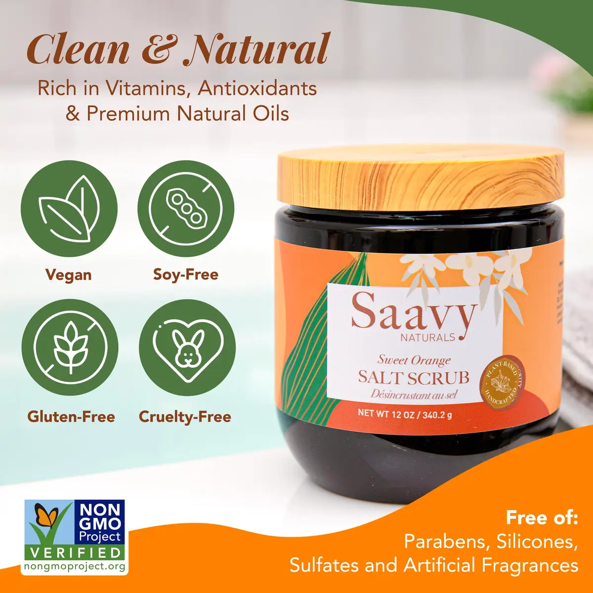 Saavy Naturals Body Scrub - Scented Salt Orange Extract | Vegan Exfoliating with Vitamin E, Gentle for Sensitive Skin, Made in USA, 12 oz - view 3