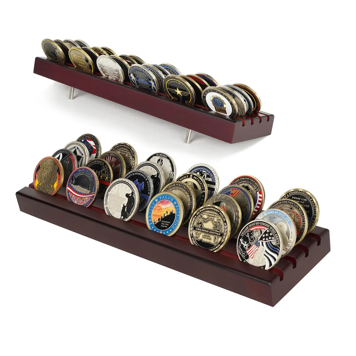 DecoWoodo Challenge Coin Display Stand 4 Rows Mahogany | Elegant & Durable - main product image