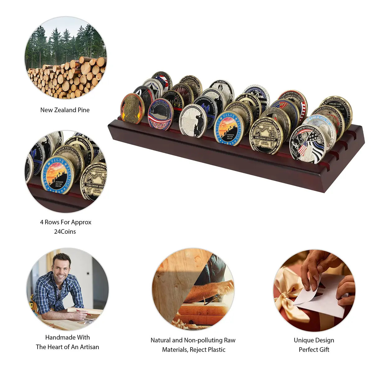 DecoWoodo Challenge Coin Display Stand 4 Rows Mahogany | Elegant & Durable - view 3