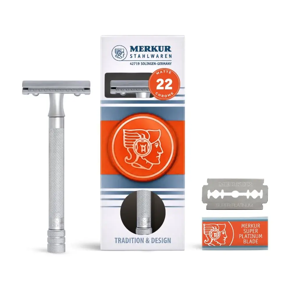 MERKUR 22C Double Edge Safety Razor - Matte Chrome | Long Knurled Brass Handle, 61g (2.15 oz) | Made in Germany - main product image