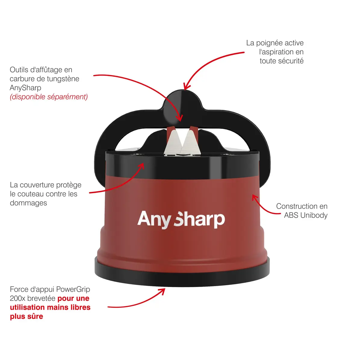 AnySharp Knife Sharpener Brick Red | Hands-Free Safety, PowerGrip Suction, Tungsten Carbide Blade - view 4