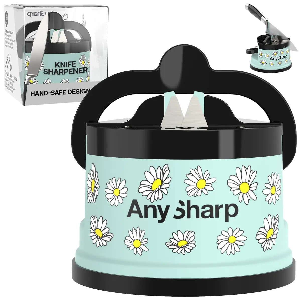 AnySharp Editions Knife Sharpener Daisy | Hands-Free Suction Base, 20-Degree Angle, Tungsten Carbide Edges - main product image