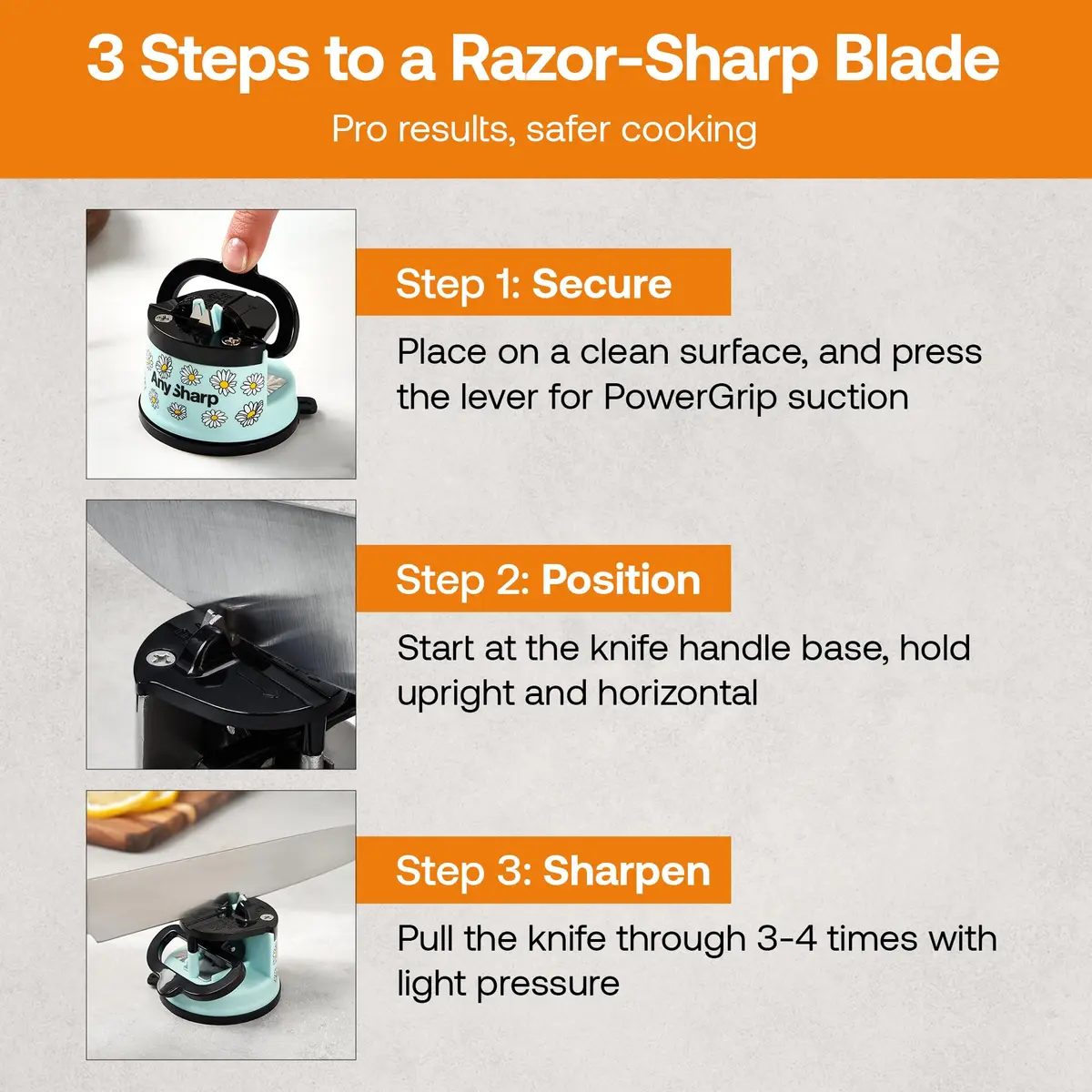 AnySharp Editions Knife Sharpener Daisy | Hands-Free Suction Base, 20-Degree Angle, Tungsten Carbide Edges - view 9
