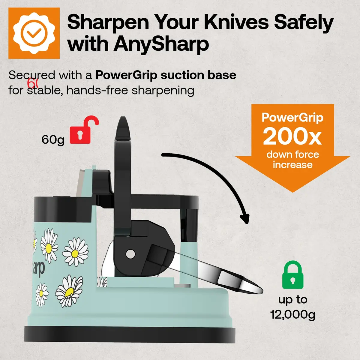 AnySharp Editions Knife Sharpener Daisy | Hands-Free Suction Base, 20-Degree Angle, Tungsten Carbide Edges - view 4