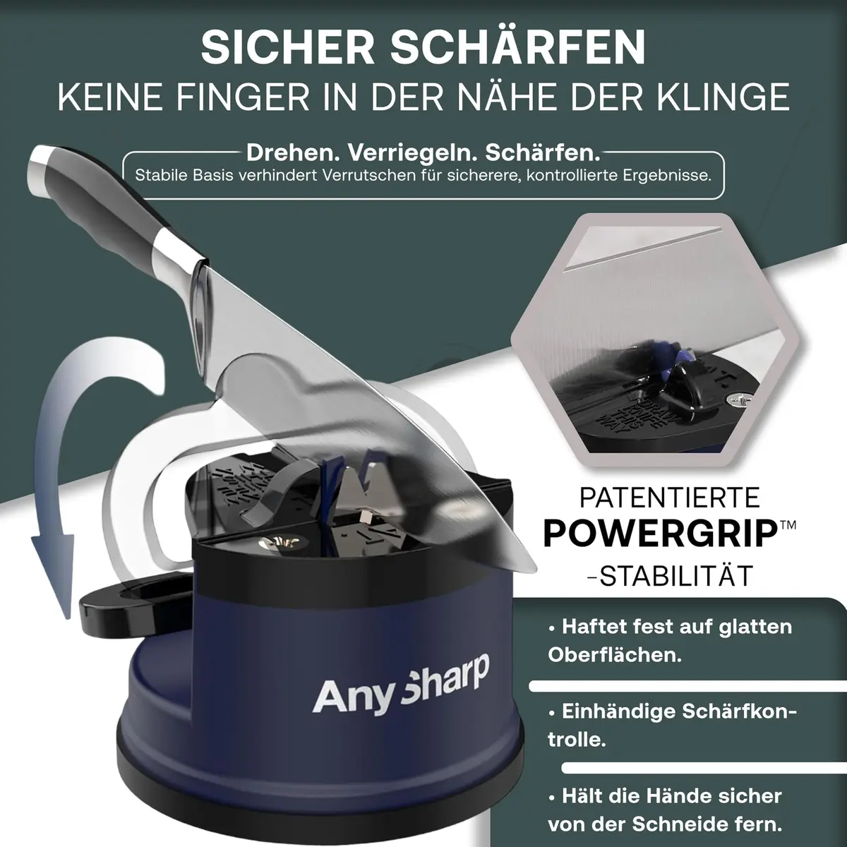 AnySharp Editions Knife Sharpener Navy | Easy Use Hands-Free with PowerGrip Suction & 20-Degree Angle - view 2