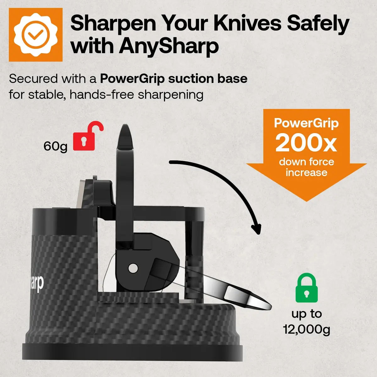 AnySharp Knife Sharpener Carbon | Hands-Free, 20° Pre-Set, Suction Base, Versatile & Durable - view 5