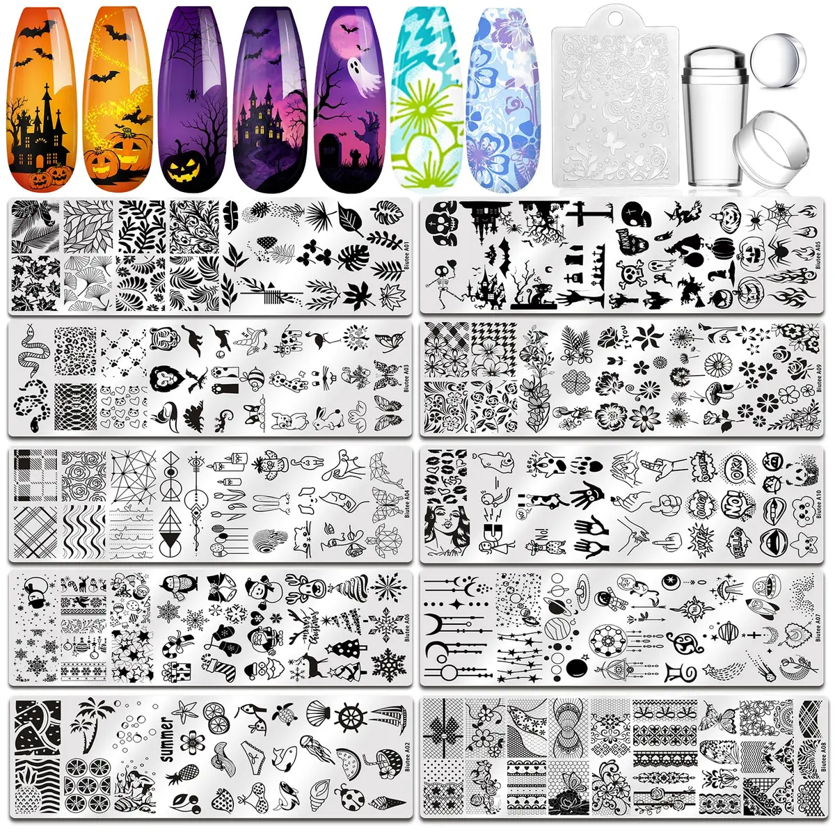 Biutee 10 pcs Nail Stamping Plates Set Halloween Nail Art Kit 12 x 4 cm (4.72 x 1.6 Inch) | Professional DIY Manicure Designs - main product image