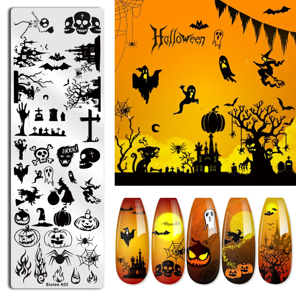 Biutee 10 pcs Nail Stamping Plates Set Halloween Nail Art Kit 12 x 4 cm (4.72 x 1.6 Inch) | Professional DIY Manicure Designs - view 5
