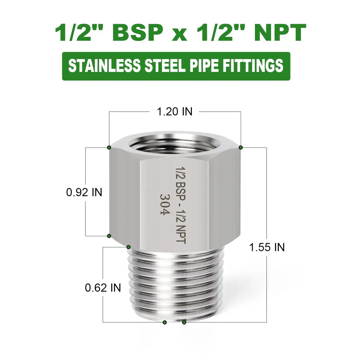 TAISHER Forging 304 Stainless Steel Fitting 1/2" NPT x G BSP Thread | Heavy Duty Pipe Adapter - view 3