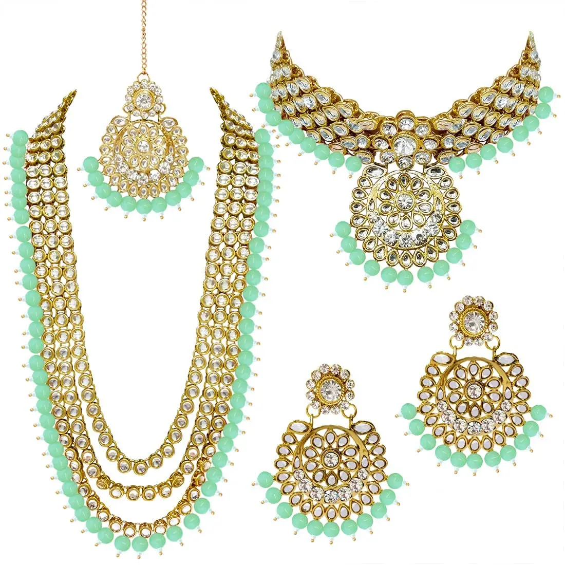 I Jewels Traditional Gold Plated Kundan Pearl Wedding Choker Necklace Set Earrings & Maang Tikka for Women (Mint) | 4-Piece Bridal Set - main product image