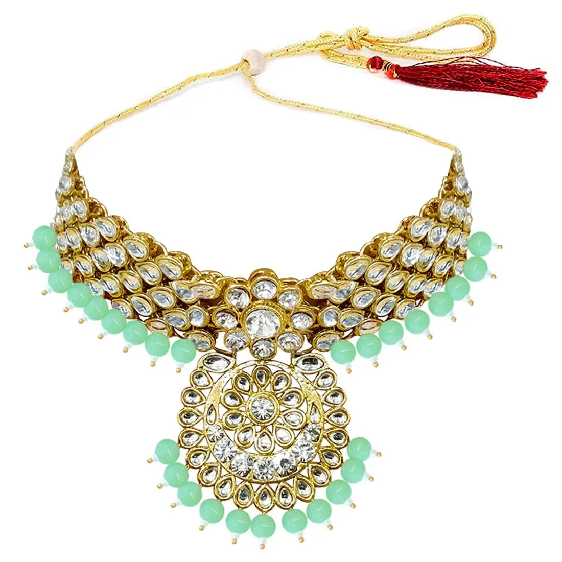 I Jewels Traditional Gold Plated Kundan Pearl Wedding Choker Necklace Set Earrings & Maang Tikka for Women (Mint) | 4-Piece Bridal Set - view 6