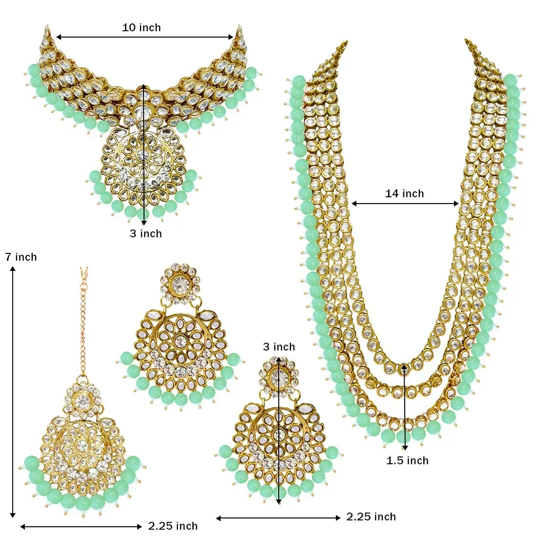 I Jewels Traditional Gold Plated Kundan Pearl Wedding Choker Necklace Set Earrings & Maang Tikka for Women (Mint) | 4-Piece Bridal Set - view 8