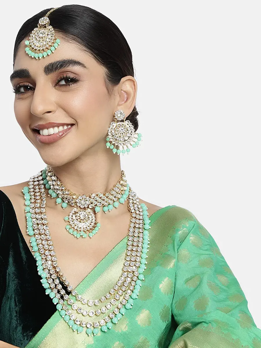 I Jewels Traditional Gold Plated Kundan Pearl Wedding Choker Necklace Set Earrings & Maang Tikka for Women (Mint) | 4-Piece Bridal Set - view 9