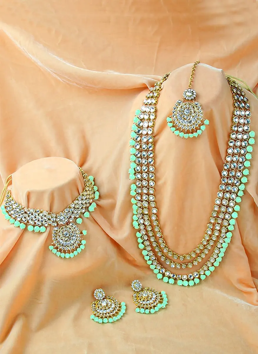 I Jewels Traditional Gold Plated Kundan Pearl Wedding Choker Necklace Set Earrings & Maang Tikka for Women (Mint) | 4-Piece Bridal Set - view 2