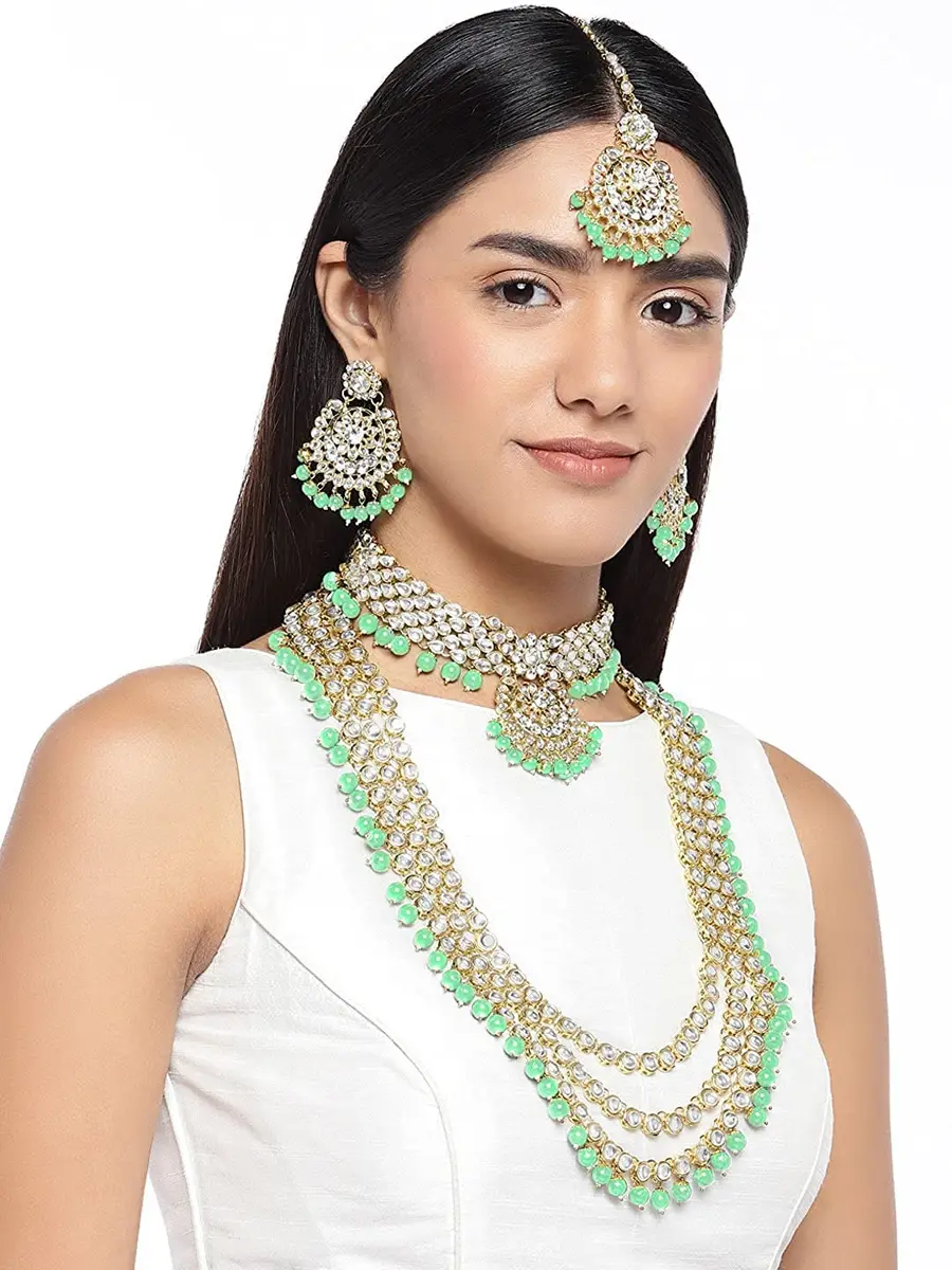 I Jewels Traditional Gold Plated Kundan Pearl Wedding Choker Necklace Set Earrings & Maang Tikka for Women (Mint) | 4-Piece Bridal Set - view 3