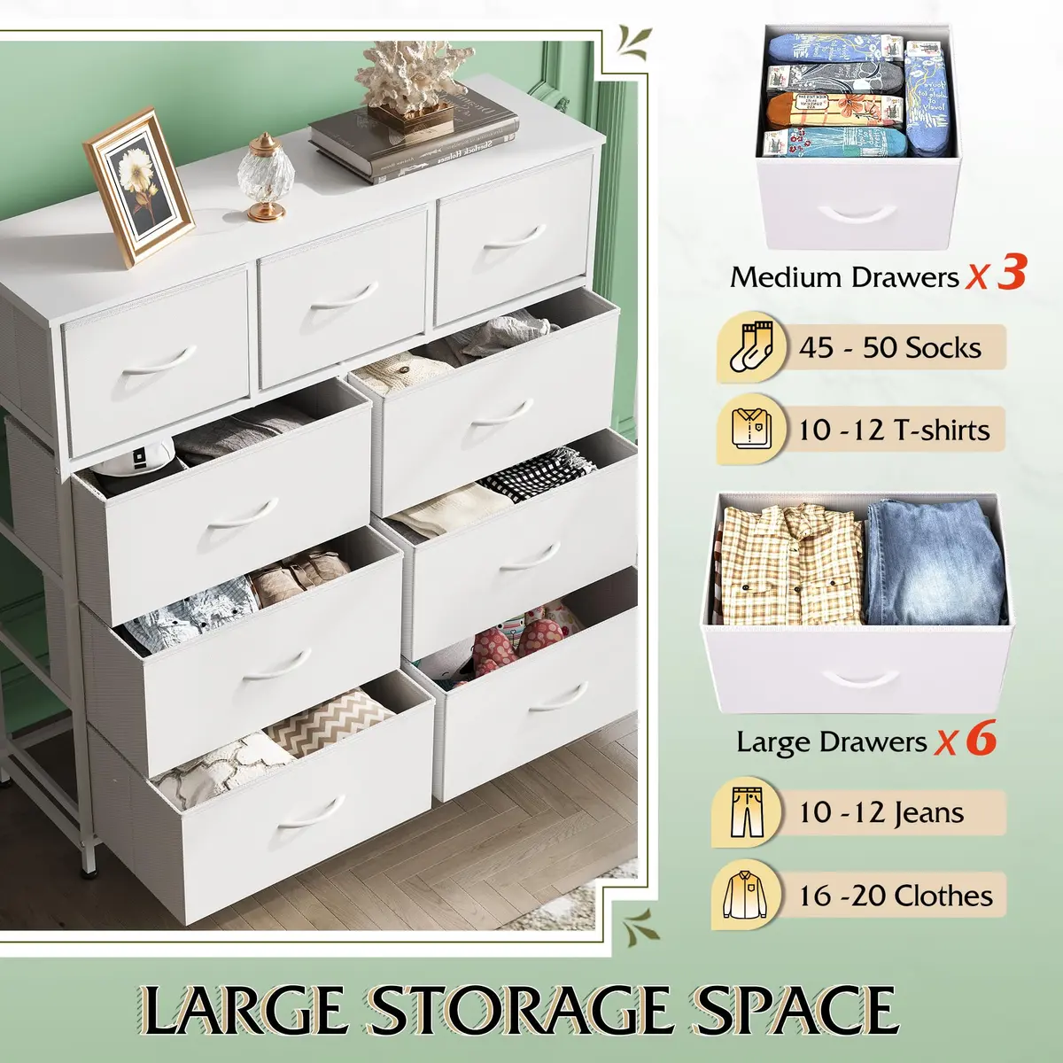 WLIVE Tall Dresser for Bedroom, 9 Drawer Chest of Drawers, White | Modern Fabric Storage Tower with Steel Frame - view 4