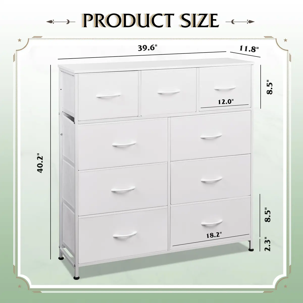 WLIVE Tall Dresser for Bedroom, 9 Drawer Chest of Drawers, White | Modern Fabric Storage Tower with Steel Frame - view 7