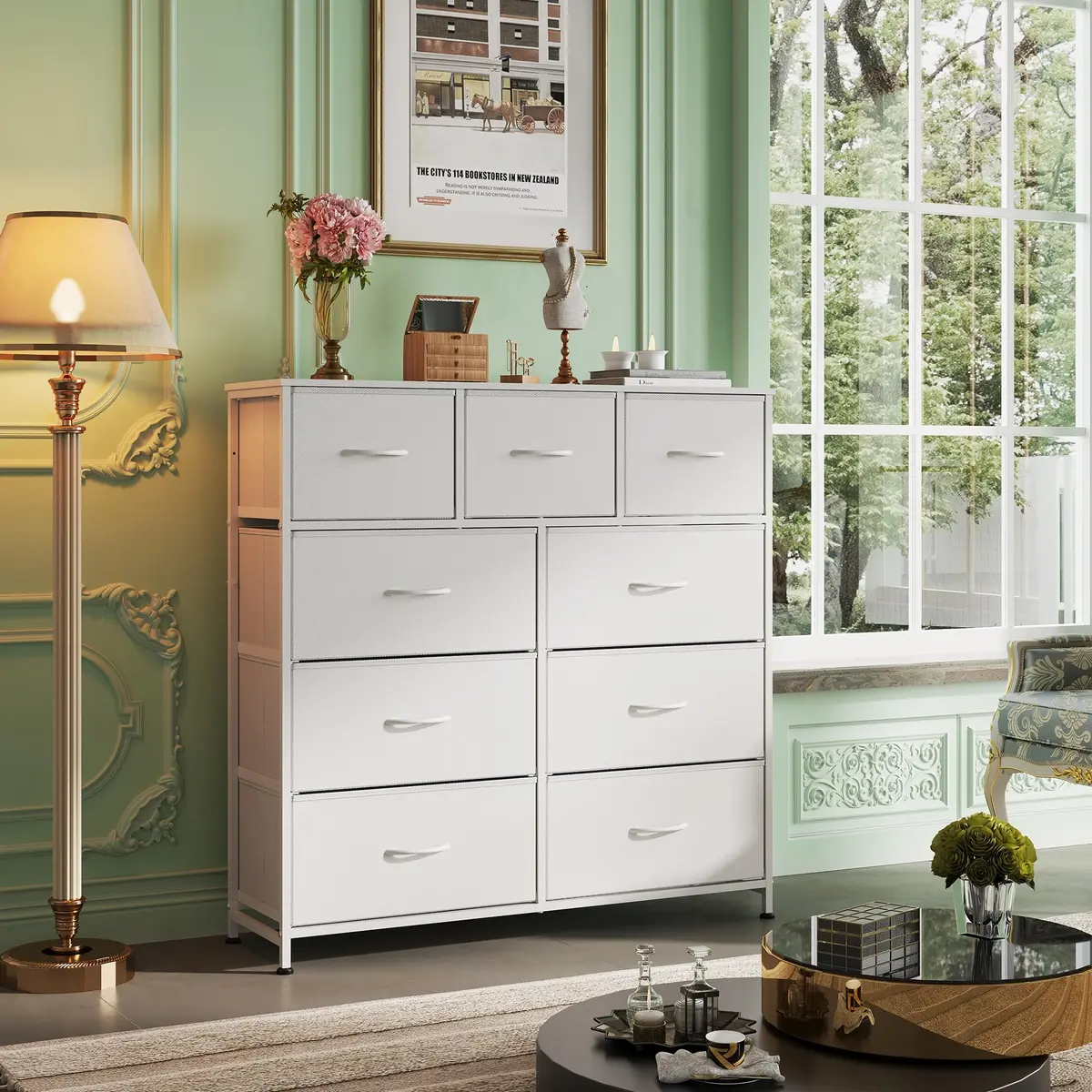 WLIVE Tall Dresser for Bedroom, 9 Drawer Chest of Drawers, White | Modern Fabric Storage Tower with Steel Frame - view 2