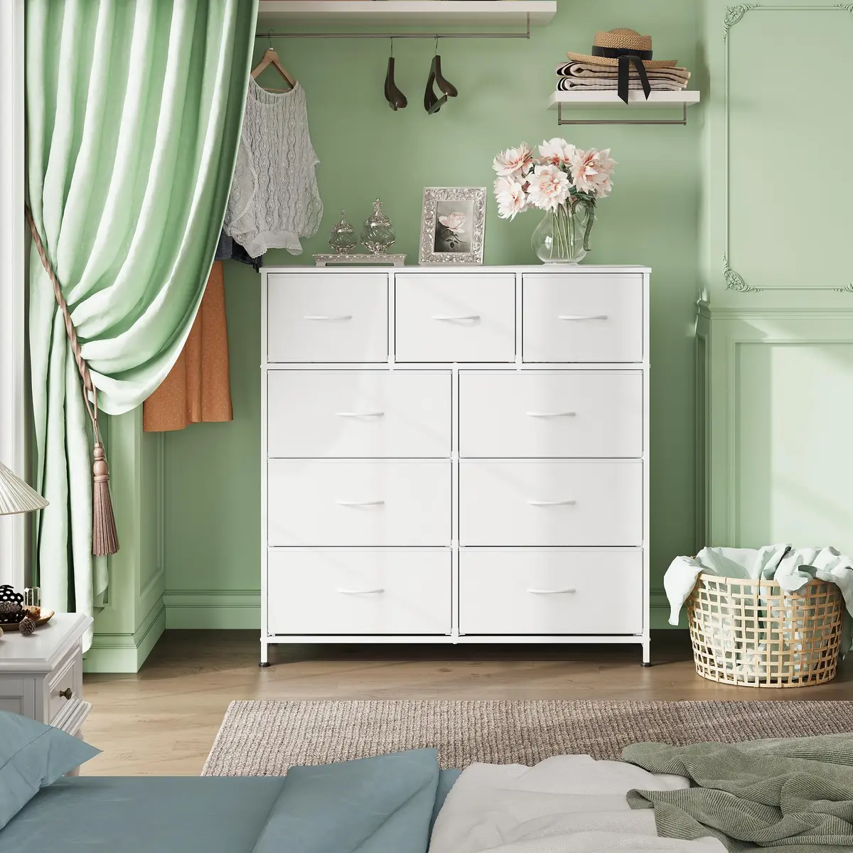 WLIVE Tall Dresser for Bedroom, 9 Drawer Chest of Drawers, White | Modern Fabric Storage Tower with Steel Frame - view 3