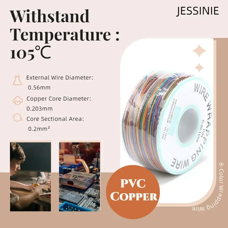 JESSINIE 8-Color Electronic Wire - 30 AWG Single Core, 250M | Tinned Copper Solid Cable for Circuit Boards - view 2