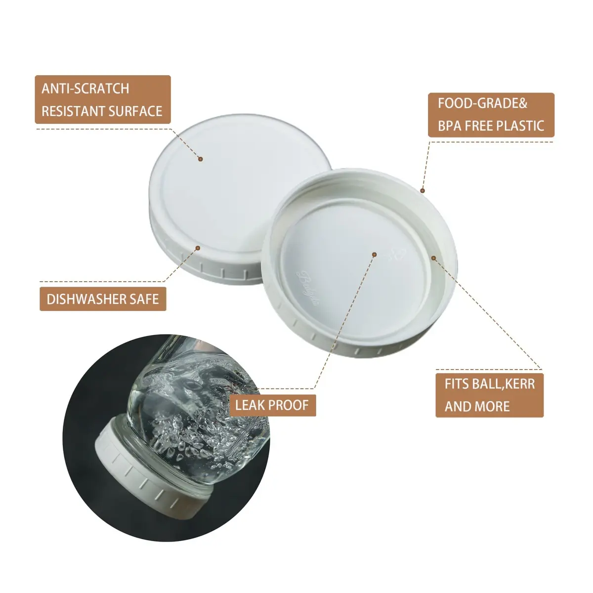 Bedgeta 18 Pack White Mason Jar Lids with Silicone Rings | Wide & Regular Mouth, BPA-Free, Reusable - view 2
